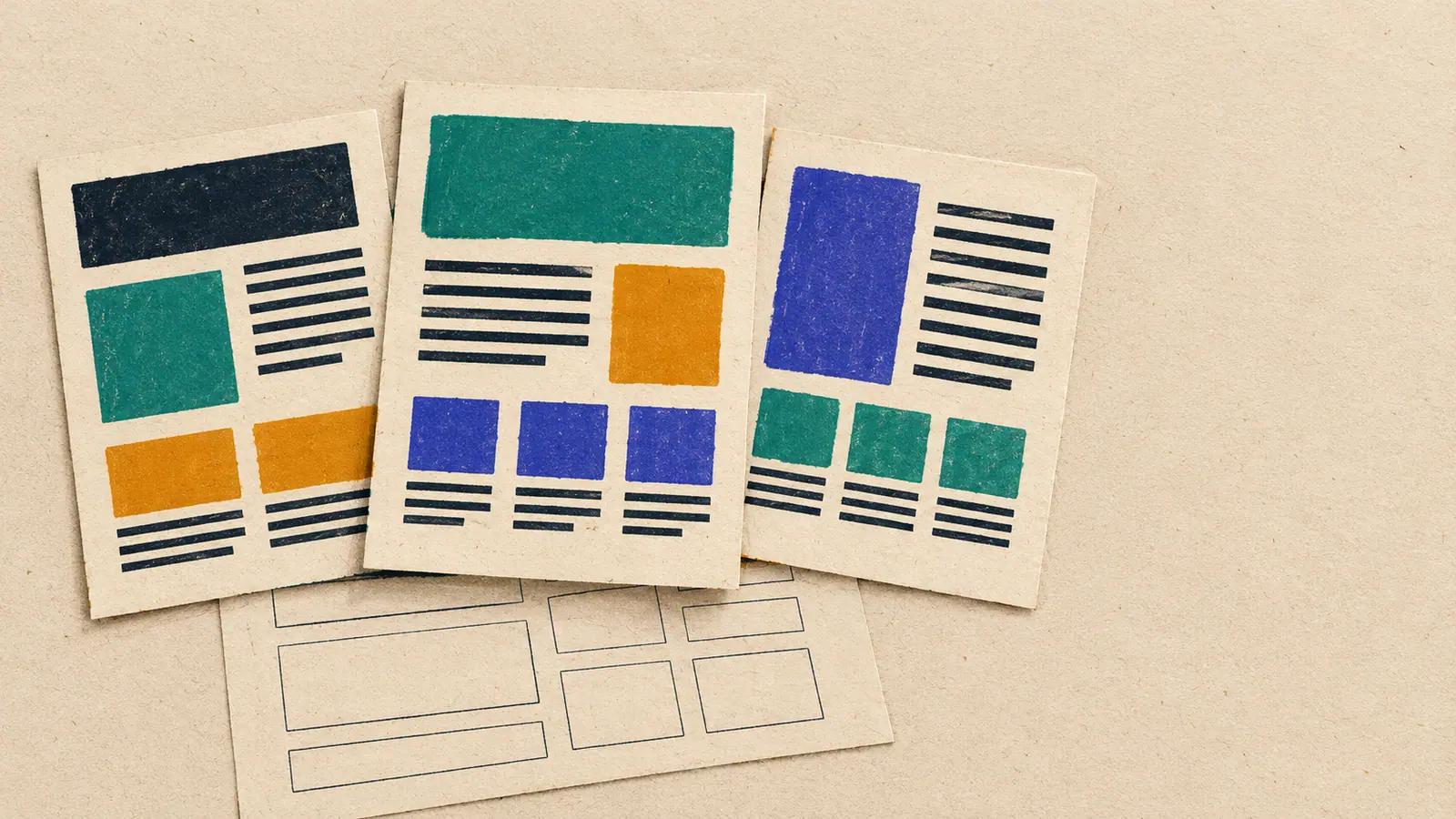 Three paper mockup sheets side by side on a table, one pulled slightly forward, over a plain wireframe sheet of empty outlined blocks