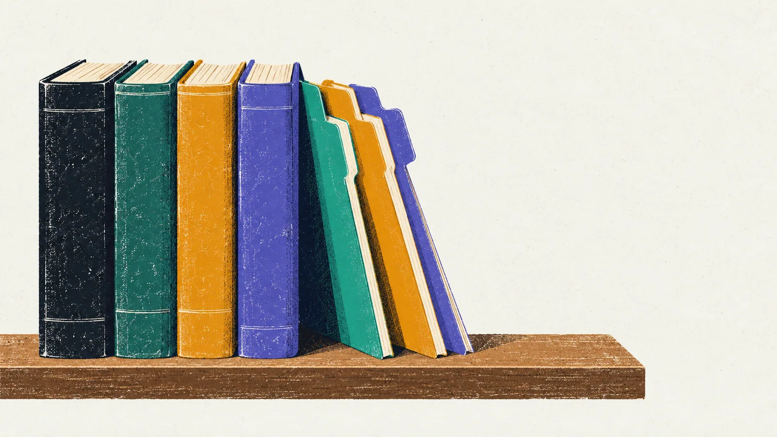 A short row of plain bound books on a shelf, with thin project folders leaning against them, each folder's tab pointing toward one of the books