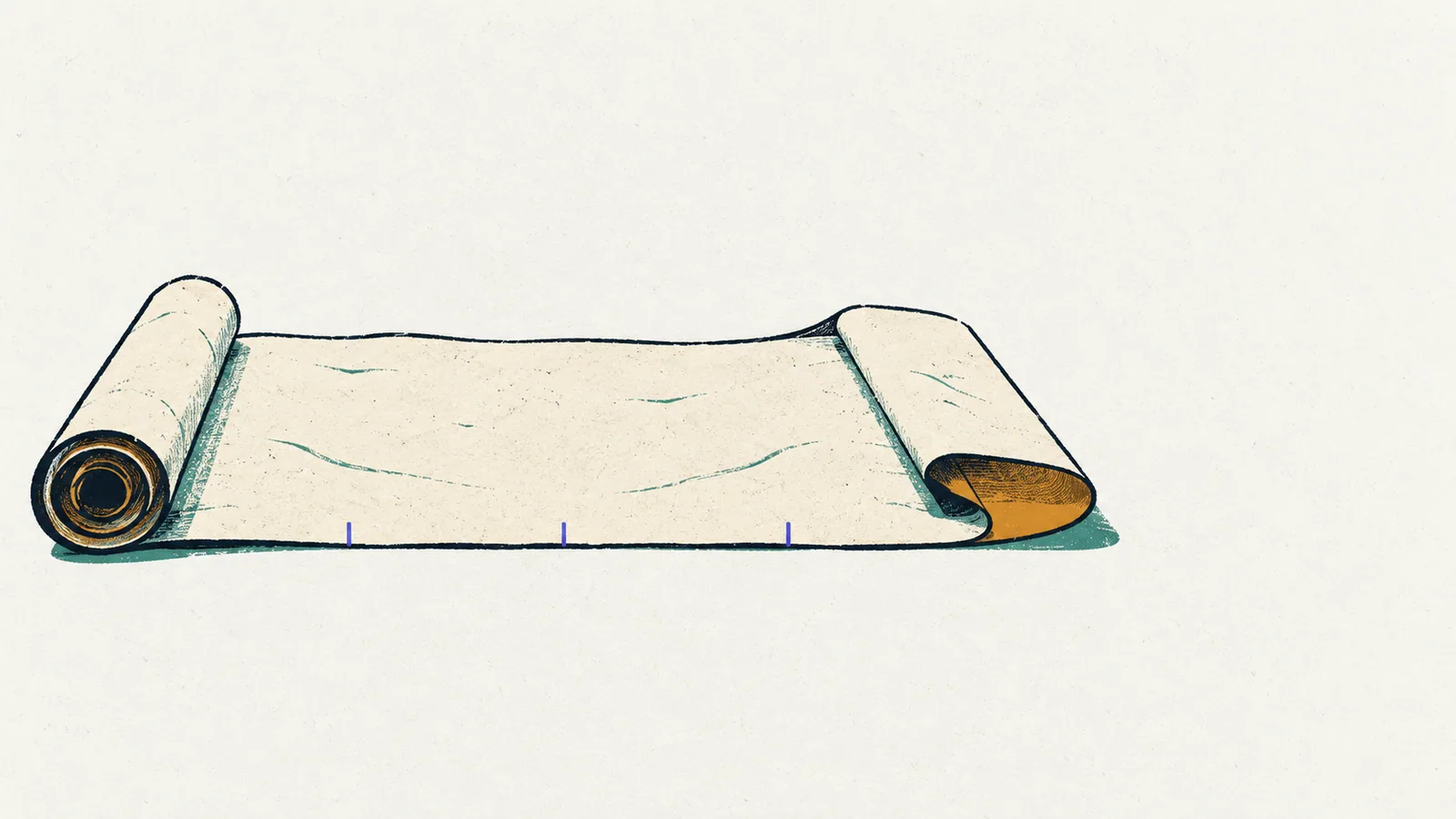 A long unrolled paper scroll with three small tick marks along its edge at a quarter, a half and three quarters, its far end folded over