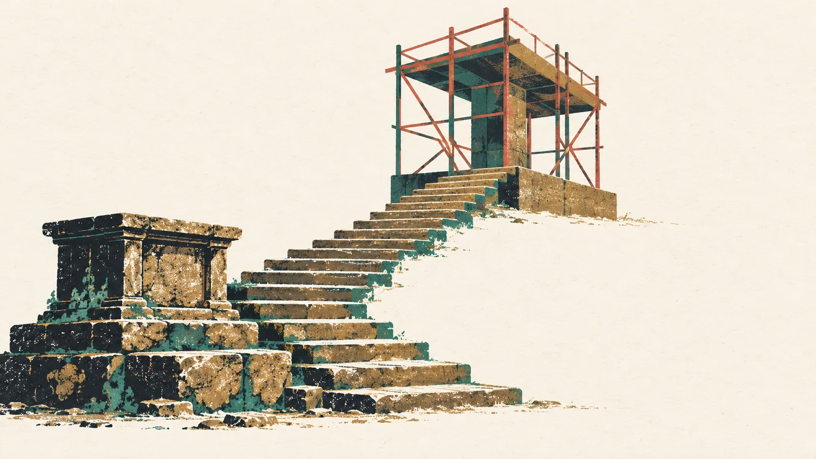 גרם מדרגות אבן נמוכות ורבות העולה לאט ממזבח אבן עתיק אל פיגום בנייה מודרני