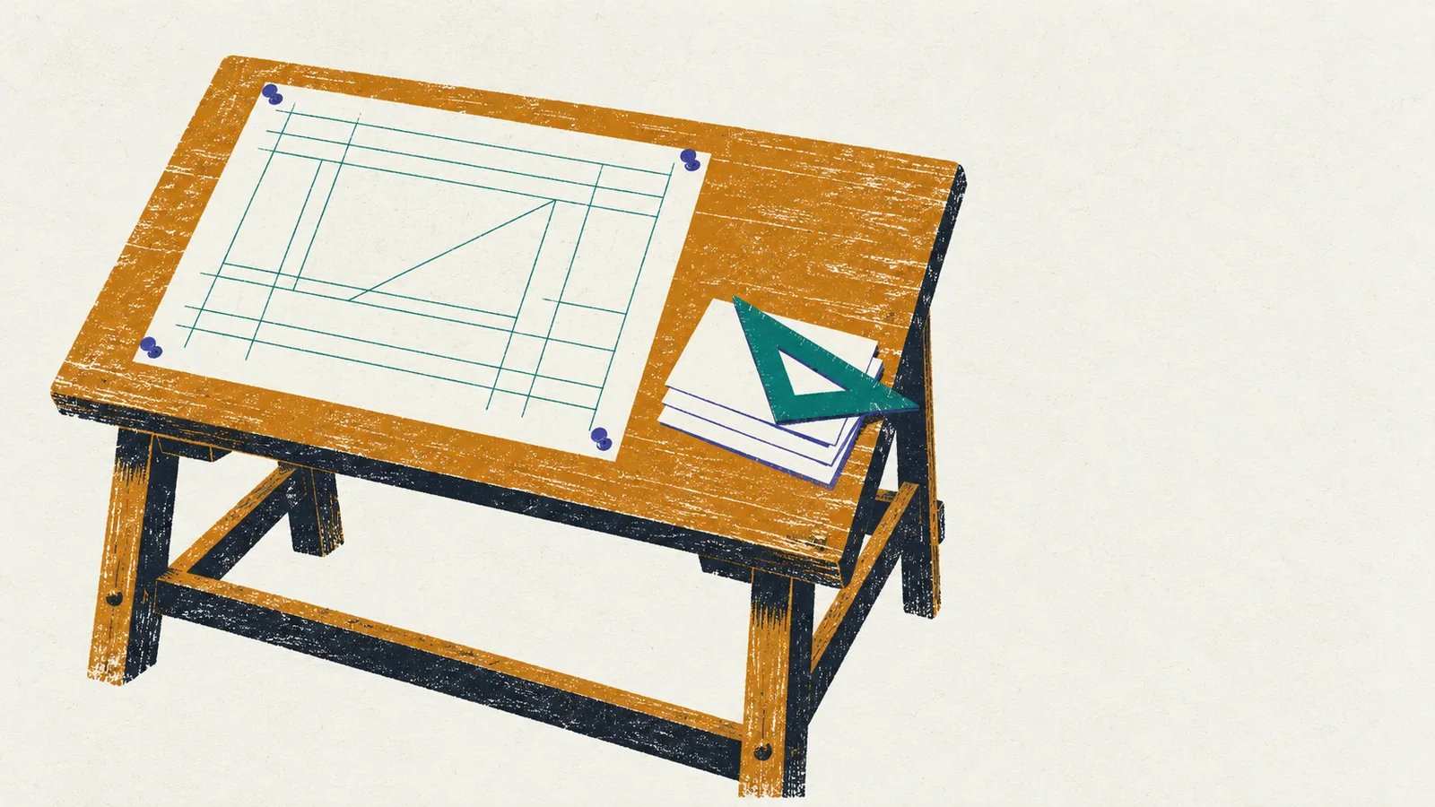 A drafting table with a ruled plan sheet pinned to it and a set square resting on a stack of cards